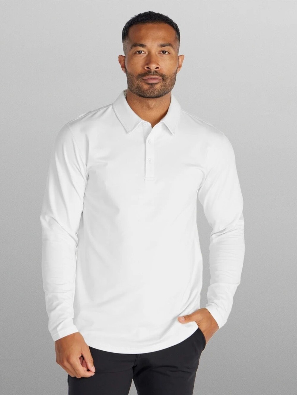 NWT Men's BYLT Premium Basics Signature Polo Long Sleeve in Color White.